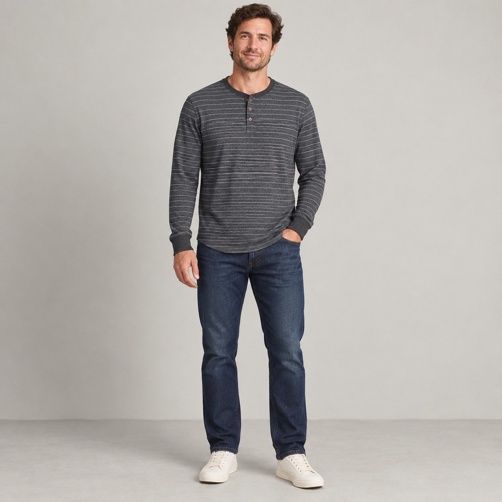 Marine Layer Stripe Henley Shirt Mens XL Charcoal Grey Long Sleeve Coastal